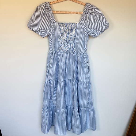 J. Crew Midi Dress Sz 8 Blue White Stripe Cotton Tiered Puff Sleeve SU24 Cottage - Picture 12 of 15